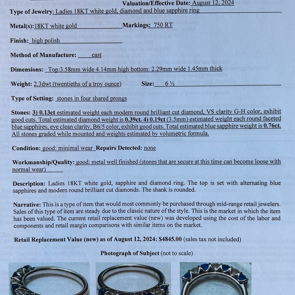Ladies 28kt white gold, diamond and blue sapphire band size 6 1/2